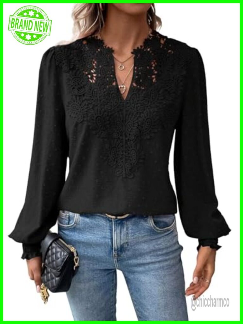 Falechay Women's Long Sleeve Boho Lace Floral V Neck Blouse Top
